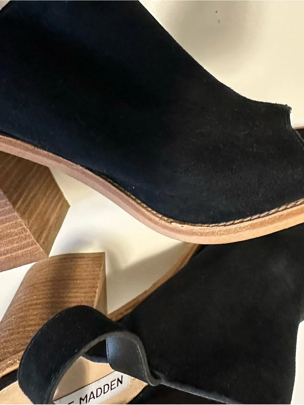 Steven Madden Black Suede Peep Toe Slingback Heels | Wood Block Heels | - Picture 8 of 14